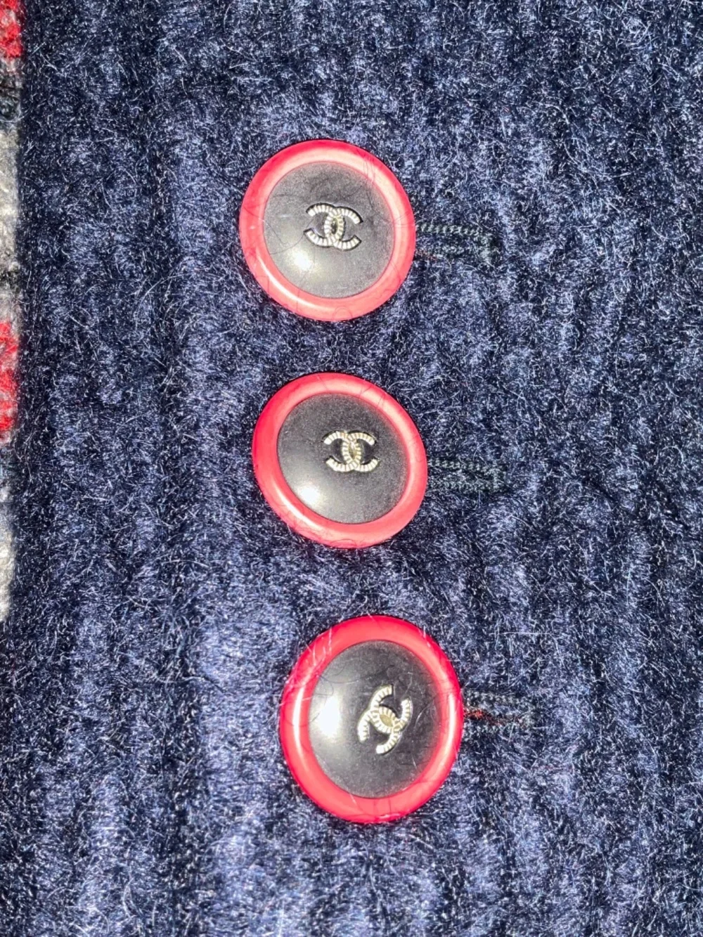 CHANEL RED / NAVY BLUE MULTI 2017 DOUBLE BREASTED WOOL TWEED COAT WITH CC LOGO B